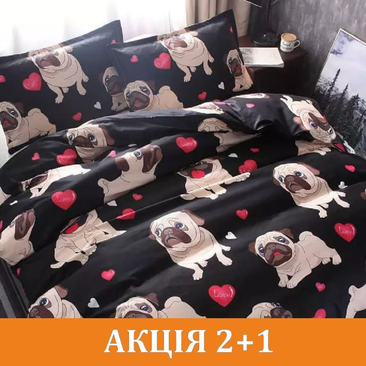 Комплект постельного белья "Мопсы на черном" поликоттон